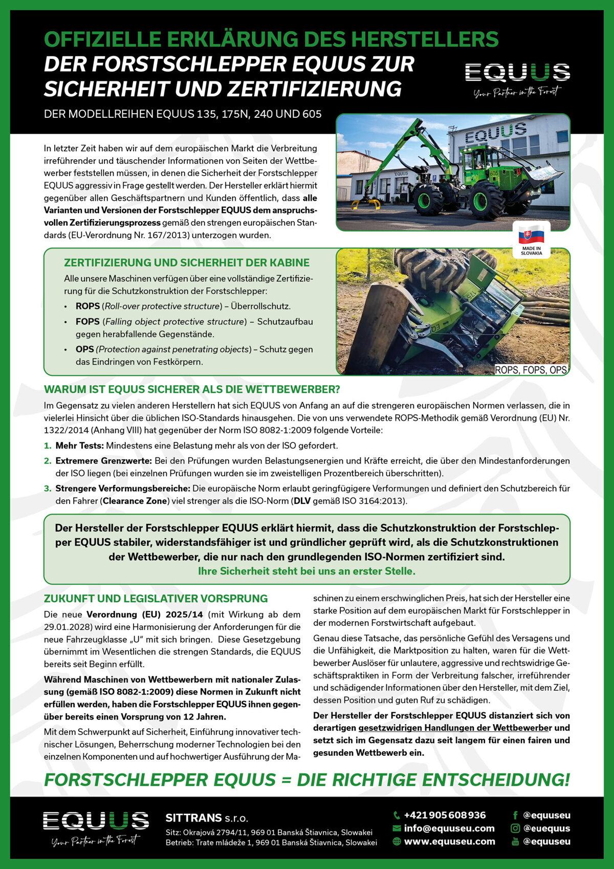 Offizielle Erklärung des Herstellers der Forstschlepper EQUUS zu Sicherheit und Zertifizierung